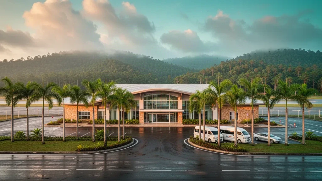 Terminal tropical de baja altura y explanada de descenso bordeada de palmeras en el Aeropuerto de Ranong, en el sur de Tailandia, bañados por la cálida luz de la tarde