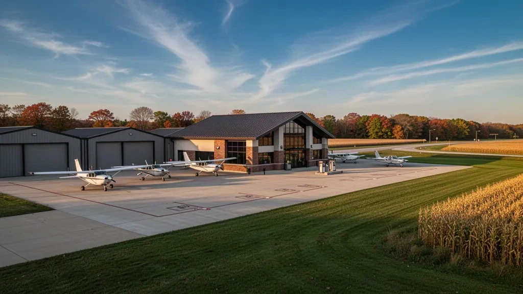 Dodge County Airport terminal and apron in Juneau, Wisconsin, with light aircraft parked on the ramp at golden hour