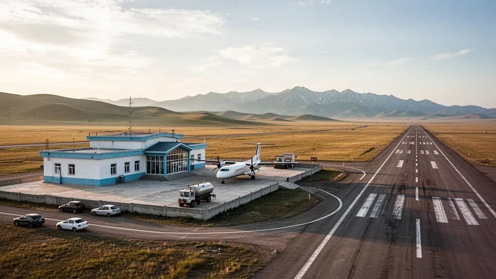 Kleines modernes Terminalgebäude und abgestellte Turboprop-Flugzeuge auf dem Vorfeld des Flughafens Öndörkhaan in der Provinz Chentii, Mongolei, umgeben von offener Steppe bei Goldton