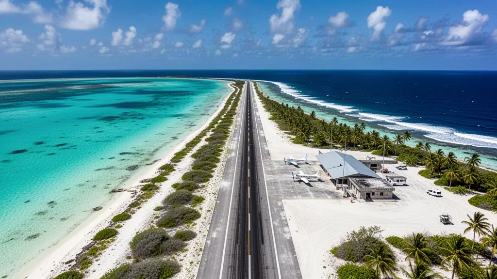 Remote coral atoll airfield on Moruroa in French Polynesia, with a long runway beside a turquoise lagoon and reef