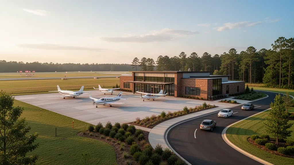 Blick zur goldenen Stunde auf den University-Oxford Airport in Mississippi, mit Kleinflugzeugen auf dem Vorfeld und einem Terminalgebäude aus Backstein und Glas
