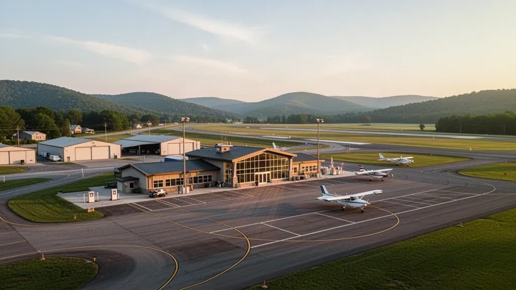 Tennessee'deki Franklin County Havalimanı'nın altın saat ışığındaki görünümü; cam terminal, park etmiş tek motorlu uçaklar ve açık apron alanı.
