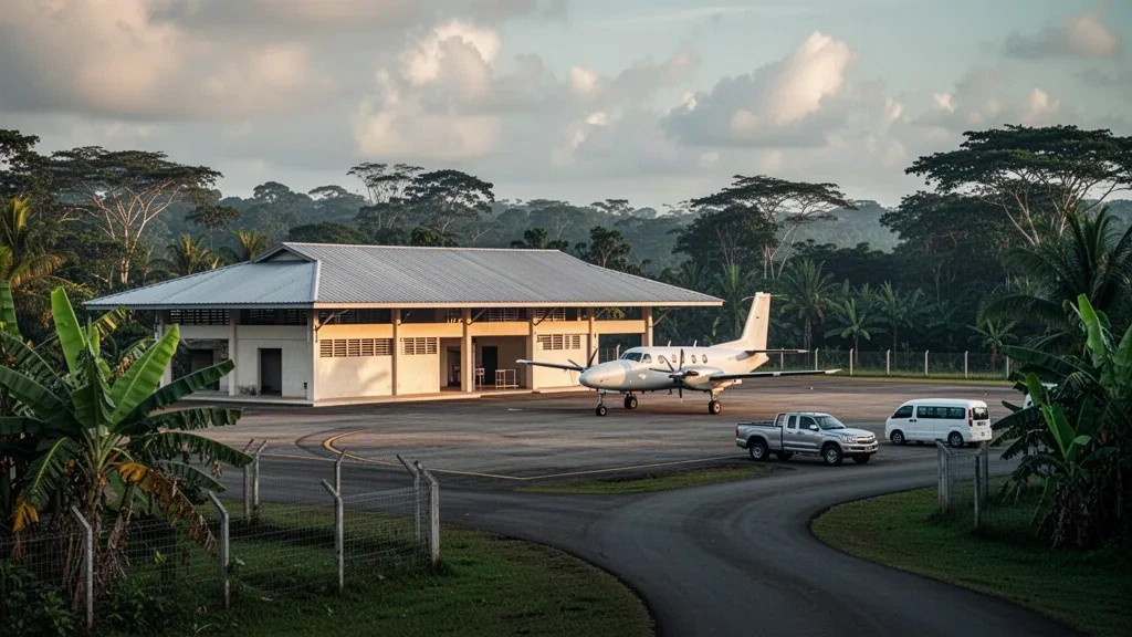 Petit terminal tropical, tarmac et avions légers à l'aéroport d'Upala au Costa Rica, entourés d'une végétation luxuriante à l'heure dorée