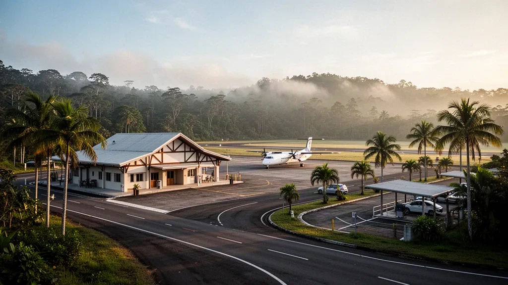 Tropical regional airport terminal, apron and palm-lined runway at golden hour with a turboprop commuter aircraft in Papua New Guinea