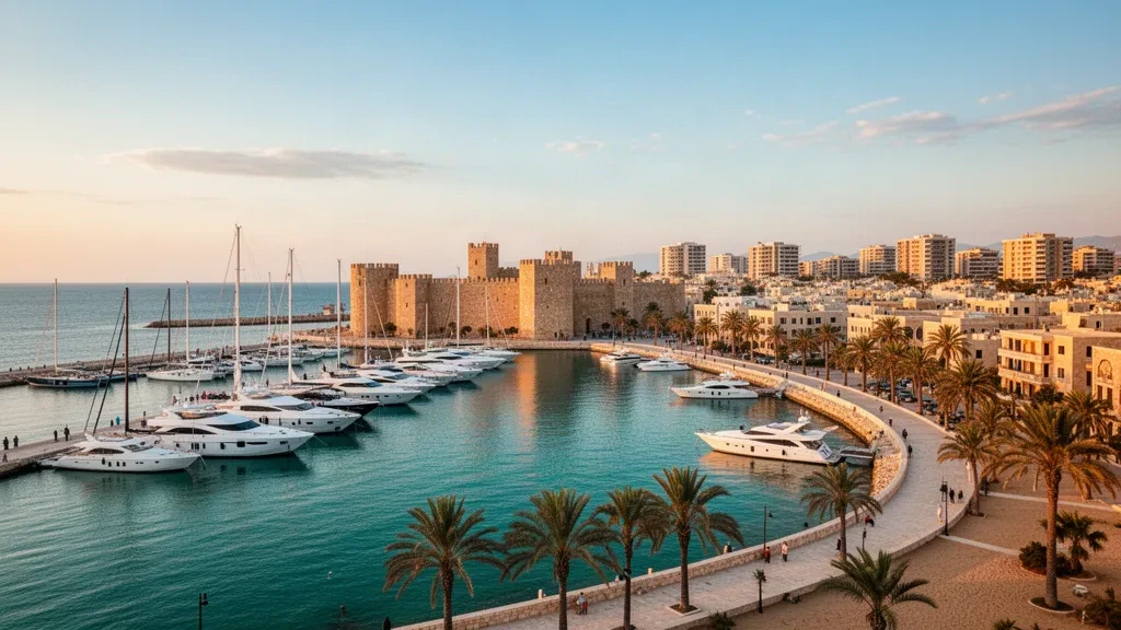 Front de mer de la marina de Limassol à Chypre au lever du soleil, avec des yachts amarrés près de la vieille ville et les toits du château médiéval