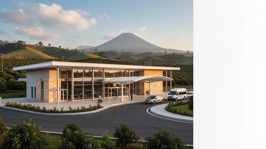 Terminal moderne et voie de dépose à l'aéroport international d'Uruapan dans le Michoacán, au Mexique, encadrés par des collines verdoyantes sous une lumière chaude de fin d'après-midi.
