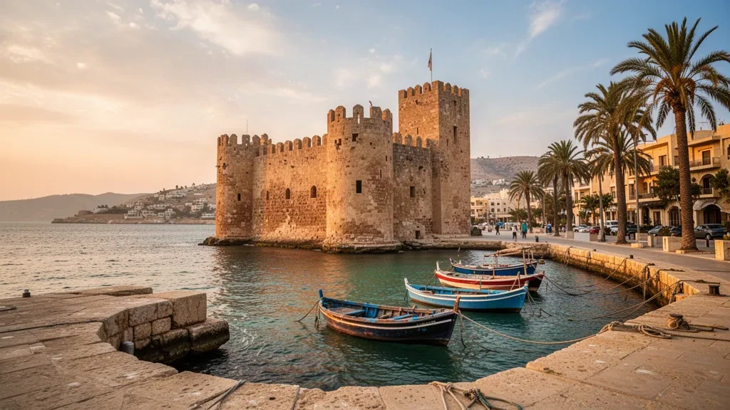 Il Castello di Pafo che si erge sopra il porto mediterraneo a Kato Pafo, Cipro, illuminato dalla calda luce del tramonto