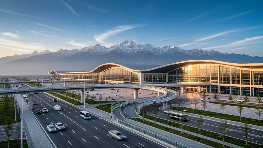Esterno moderno di un terminal in vetro all'Aeroporto Internazionale Tianshan di Ürümqi nello Xinjiang, cime innevate del Tian Shan e corsie di sosta all'ora d'oro