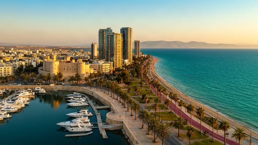 Il porto turistico di Limassol e lo skyline del lungomare all'ora dorata a Cipro, con yacht, passeggiata alberata di palme e costa mediterranea
