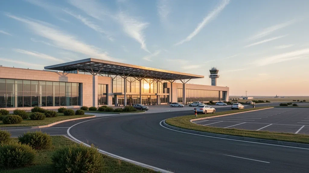 Oral, Kazakistan'daki Manşuk Mametova Uluslararası Havalimanı'nda altın saatte modern cam terminal ve kavisli indirme şeridi