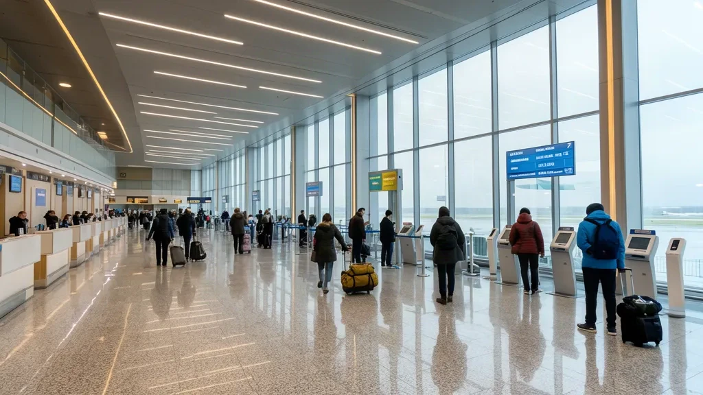 Oral, Kazakistan'daki Manşuk Mametova Uluslararası Havalimanı içindeki parlak check-in salonu; gezginler ve cam duvarlardan gün ışığı
