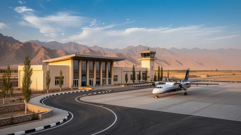 Terminal d'aéroport régional et tarmac à l'aéroport d'Urgun dans la province de Paktika, en Afghanistan, entourés de montagnes escarpées dans une lumière chaude de fin d'après-midi