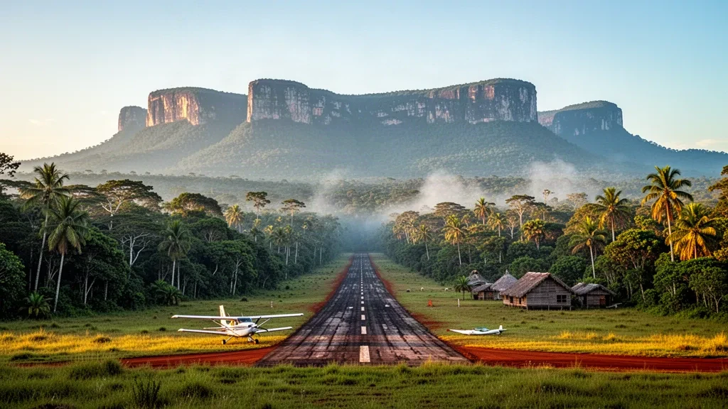 Venezuela'nın Gran Sabana bölgesindeki uzak Uriman Havalimanı pisti; küçük bir uçak, yağmur ormanı, sis ve arka planda tepui dağları