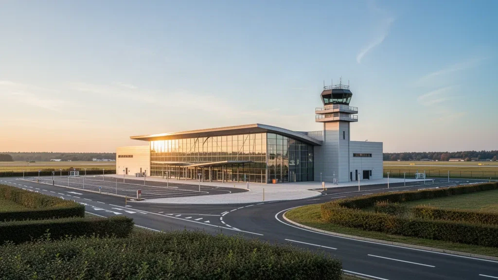 Boos, Normandiya'daki Rouen Vallée de Seine Havalimanı'nda sıcak altın saati ışığıyla yıkanan modern cam terminal ve yolcu indirme şeridi.