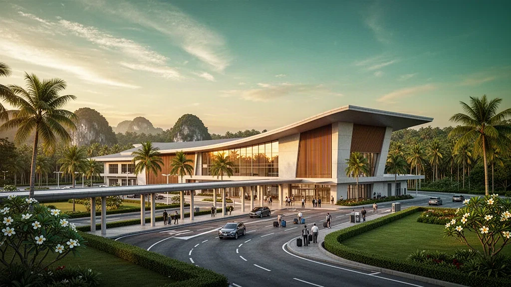 Exterior de una moderna terminal tropical en el aeropuerto de Surat Thani, en el sur de Tailandia, con una vía de acceso flanqueada por palmeras y una cálida luz de hora dorada