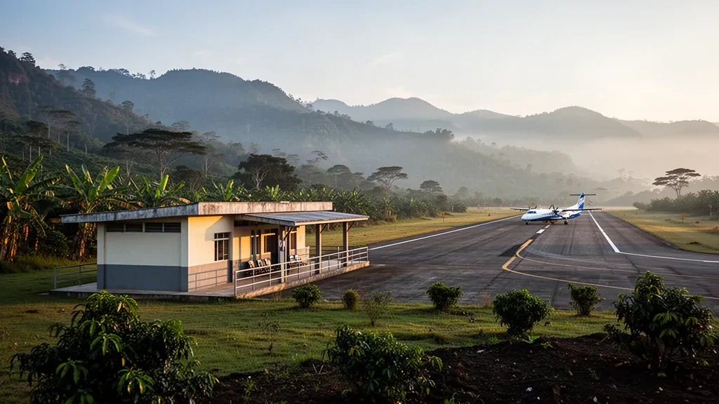 Pequeña terminal de aeropuerto regional y pista en Urrao, Colombia, rodeadas por brumosas cordilleras de los Andes al amanecer
