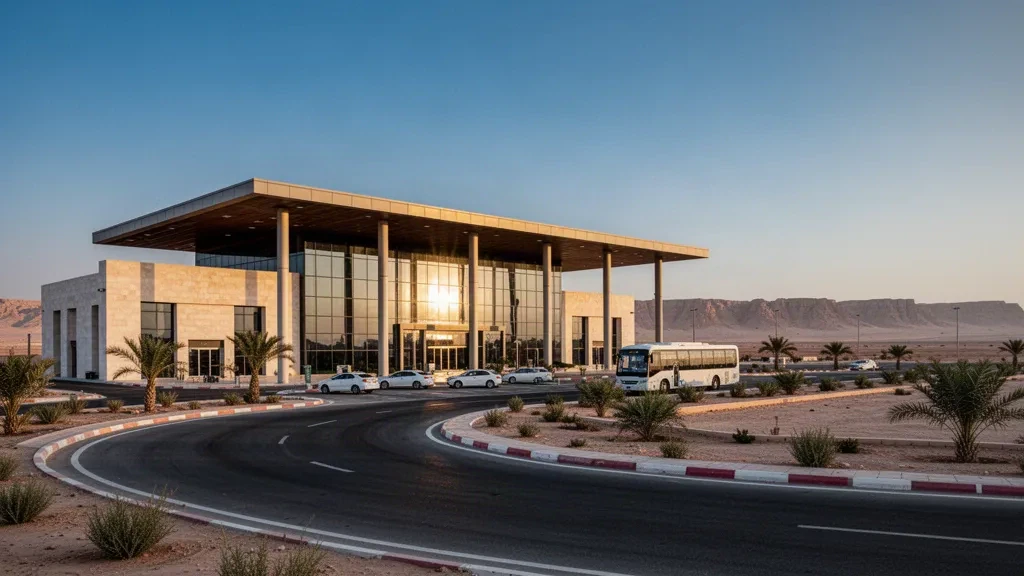 Modernes Terminalgebäude am nationalen Flughafen Gurayat in Saudi-Arabien, mit Wüstenlandschaft, Zufahrtsstraße und warmem Licht zur goldenen Stunde.