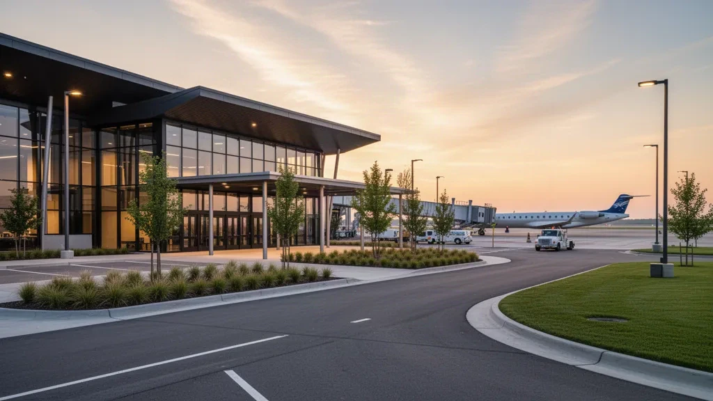Moderne Glasfassade des Terminals am Concord-Padgett Regional Airport in North Carolina zur goldene Stunde mit einem Regionaljet am Gate