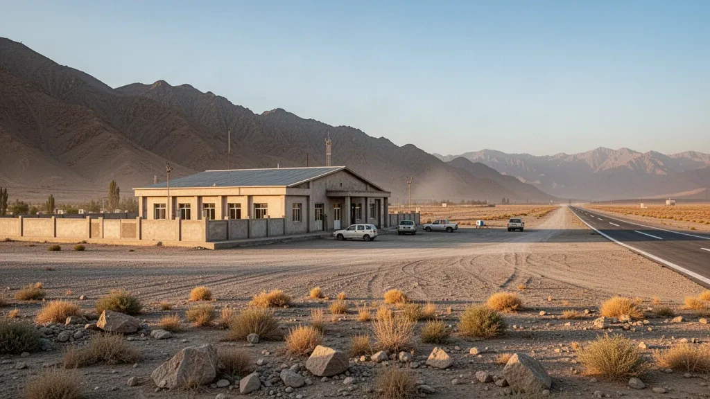 Pequeña terminal provincial y pista polvorienta en el aeropuerto de Oruzgan, cerca de Tarinkot, Afganistán, rodeados de montañas áridas bajo la luz del final de la tarde.