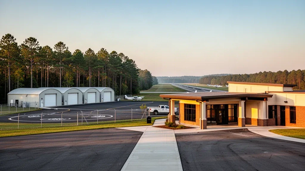 Piccolo terminal di aerodromo rurale, hangar e pista dell'aeroporto di Union County, Troy Shelton Field, in Carolina del Sud, all'ora d'oro