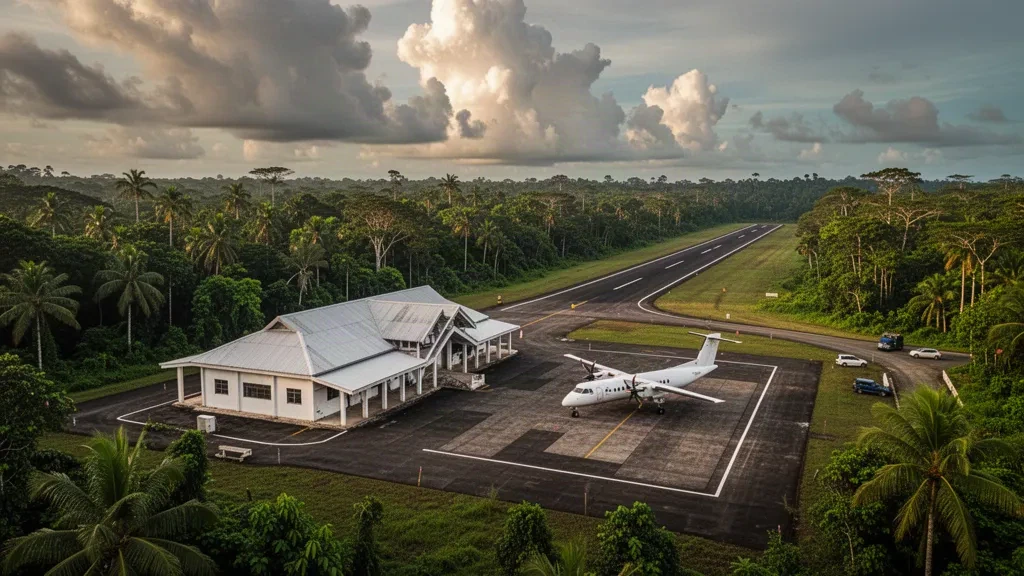 Piccolo aereo a elica parcheggiato davanti al terminal tropicale dell'Aeroporto di Mabaruma, in Guyana, sotto un cielo nuvoloso.