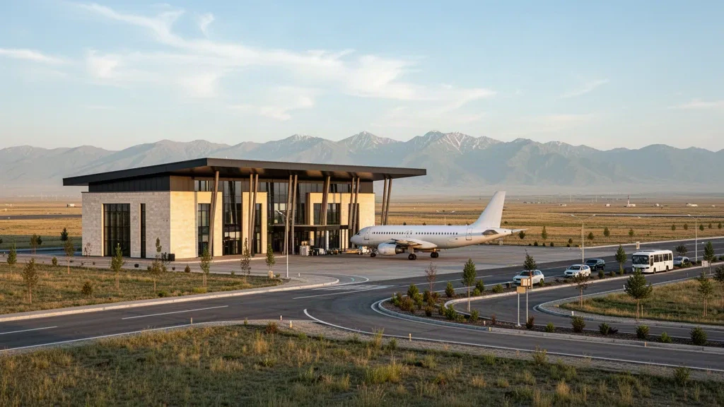 Kleines modernes Terminalgebäude am Flughafen Usharal in Kasachstan zur goldenen Stunde, mit Steppengrasland und fernen Bergen im Hintergrund