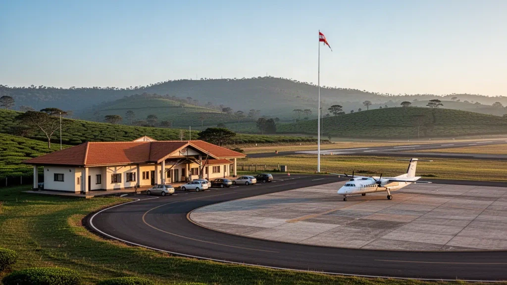 Regional airport terminal serving Mutare in Zimbabwe's Eastern Highlands, with a small commuter aircraft and green hills at golden hour