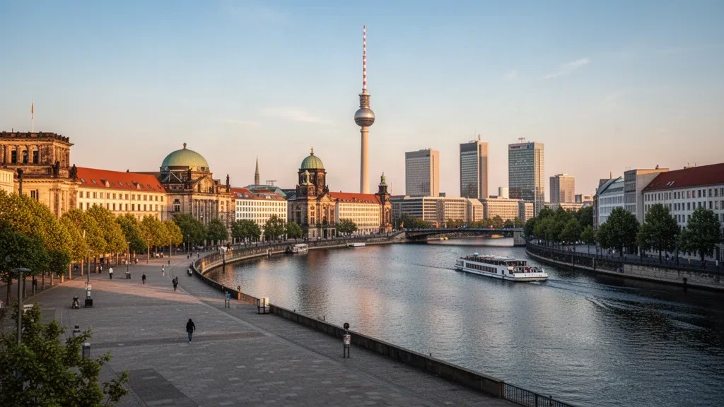 Panorama de Berlín a la hora dorada con la Torre de Televisión elevándose sobre el río Spree, arquitectura histórica de Mitte y bulevares arbolados