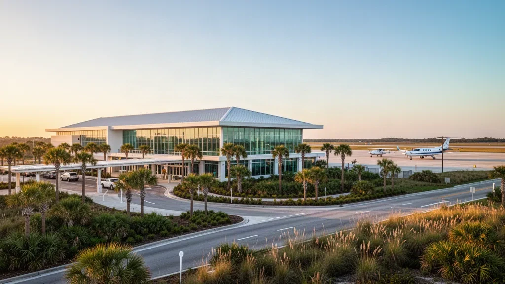 St. Augustine, Florida'daki Kuzeydoğu Florida Bölgesel Havalimanı'nda altın saat ışığı altında modern cam terminal ve yol kenarı bırakma alanı.
