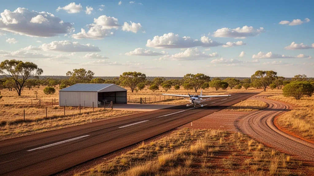 Remote outback aerodrome near Muttaburra, Queensland at golden hour with a rural runway, light aircraft and wide open plains