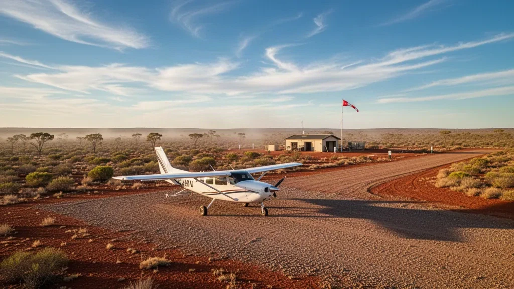 Remote outback airstrip at Nutwood Downs Airport in Northern Territory, Australia, with a small plane and dry landscape.