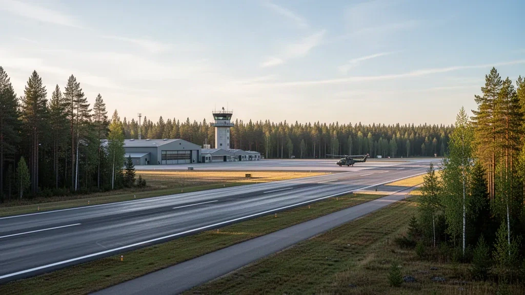 Kouvola yakınlarındaki Finlandiya ormanıyla çevrili Utti Hava Üssü pisti, hangarları ve apronu, yumuşak altın saat ışığında