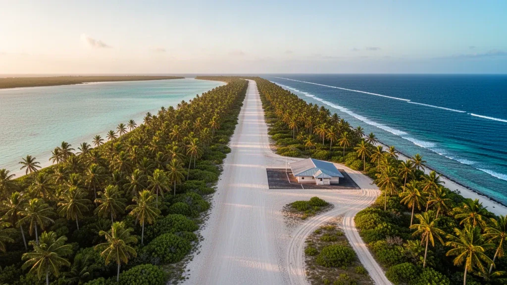 Piste corallienne isolée de l'aéroport d'Utirik sur un atoll tropical des Îles Marshall, encadrée de palmiers et d'un lagon turquoise