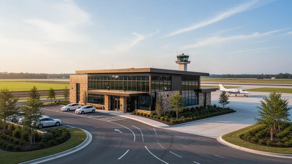 Mississippi'deki Tunica Belediye Havalimanı'nda sıcak akşamüstü ışığı altında modern tek katlı terminal ve yolcu indirme şeridi