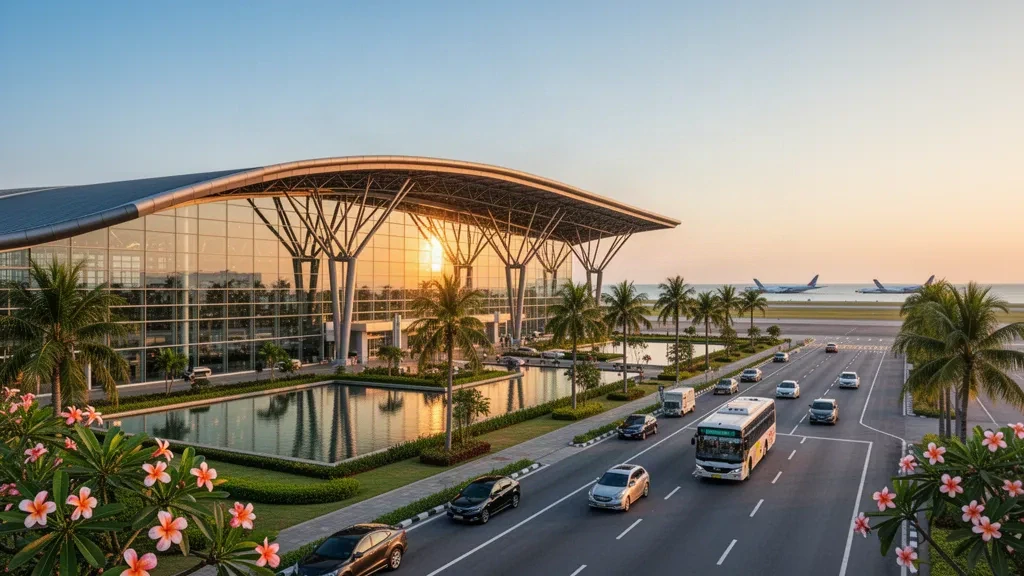 Terminal moderna de cristal y carriles de bajada tropicales en el Aeropuerto Internacional de U-Tapao–Rayong–Pattaya en Tailandia a la hora dorada