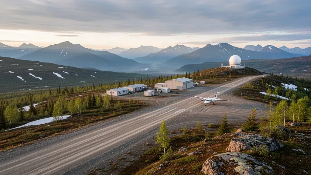 Alaska'daki Indian Mountain LRRS Havaalanı'nda tundra ve uzak dağ sırtlarıyla çevrili uzak çakıl pist ve radar kubbesi.