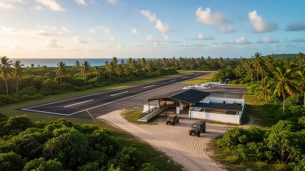 Small tropical airstrip and open-air shelter at Ustupu Airport in Guna Yala, Panama, with palms and Caribbean coastline at golden hour.