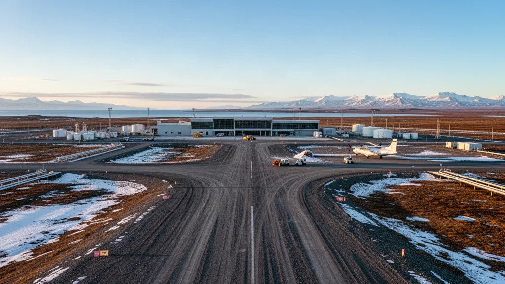 Wide view of Ugnu-Kuparuk Airport's gravel runway and low terminal on Alaska's Arctic North Slope at golden hour