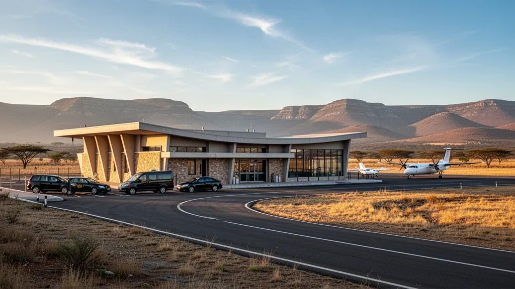 Flaches gläsernes Terminal und Vorfeld mit abgestellten Regionalflugzeugen am Flughafen Queenstown in der Eastern Cape zur goldenen Stunde