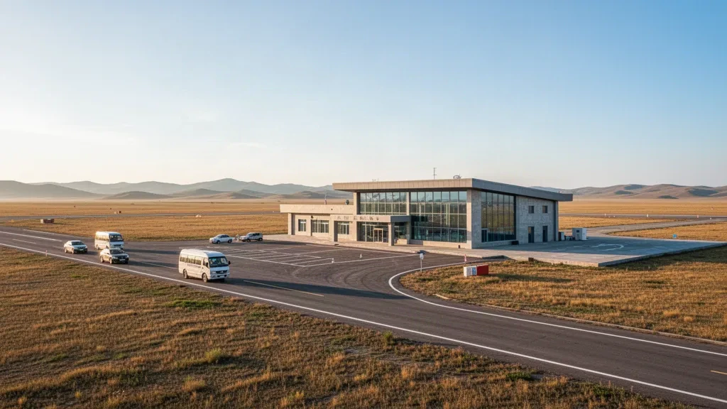 Terminal moderna de baja altura y carril de descenso en la estepa abierta de Mongolia en el aeropuerto de Baruun Urt bajo la luz de la hora dorada
