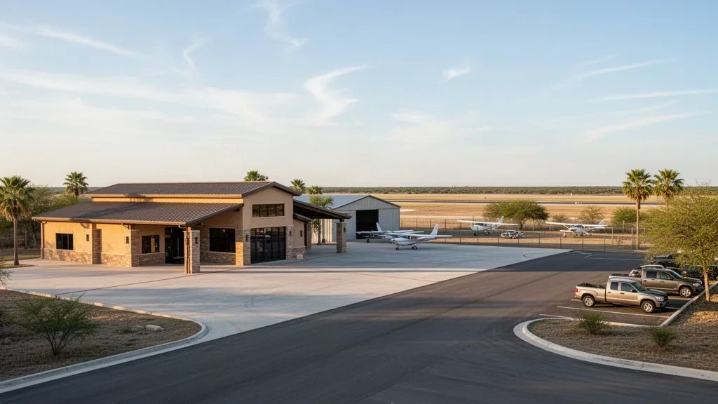 Petit terminal d'aviation générale, hangars et aire de stationnement des aéronefs à Garner Field à Uvalde, au Texas, sous une lumière chaude de fin d'après-midi