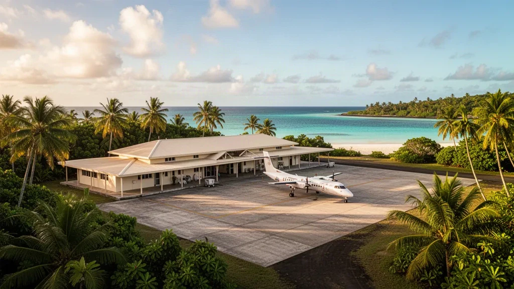 Kleines tropisches Terminal und Turboprop-Flugzeug auf dem Vorfeld des Flughafens Ouvéa auf den Loyalitätsinseln Neukaledoniens