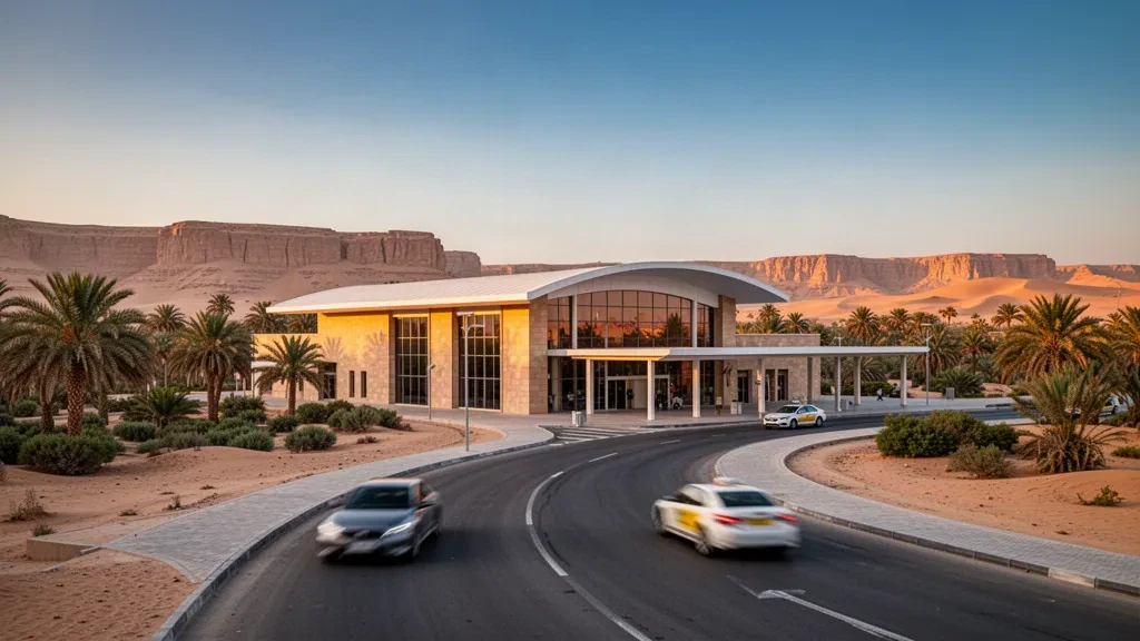 Terminal del aeropuerto de El Kharga y carretera de acceso flanqueada por palmeras en el oasis del desierto occidental de Egipto durante la hora dorada