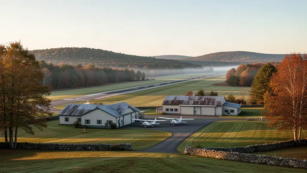 Small general aviation airfield in Ware, Massachusetts with turf runway, low hangars and light aircraft in golden-hour light