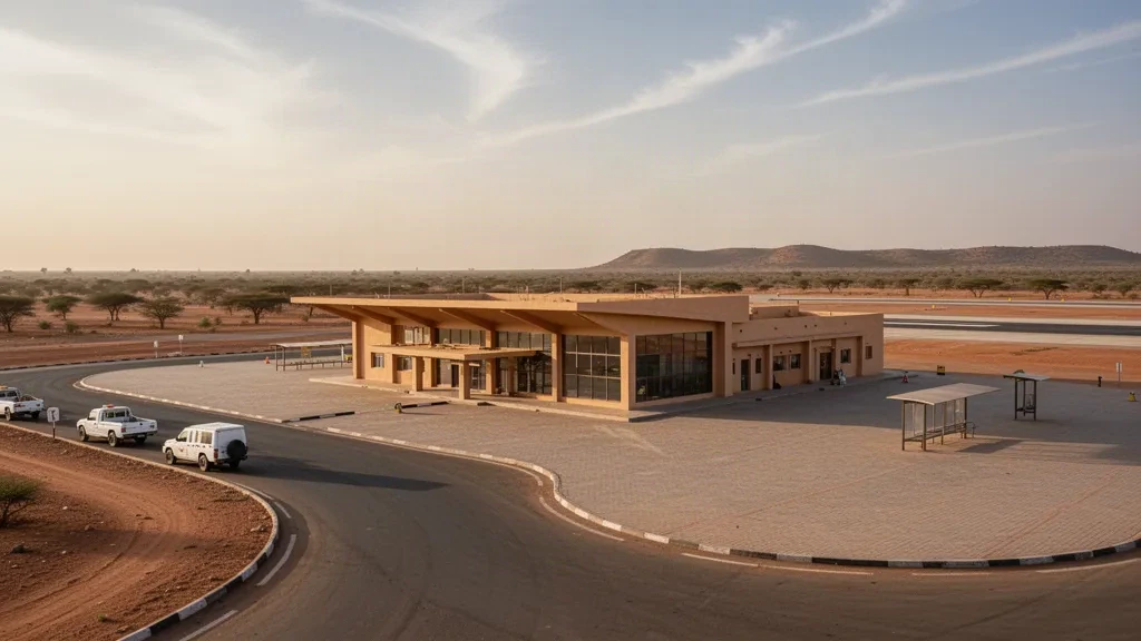 Low-rise terminal exterior and drop-off lane at Nyala Airport in South Darfur, Sudan under warm hazy afternoon light