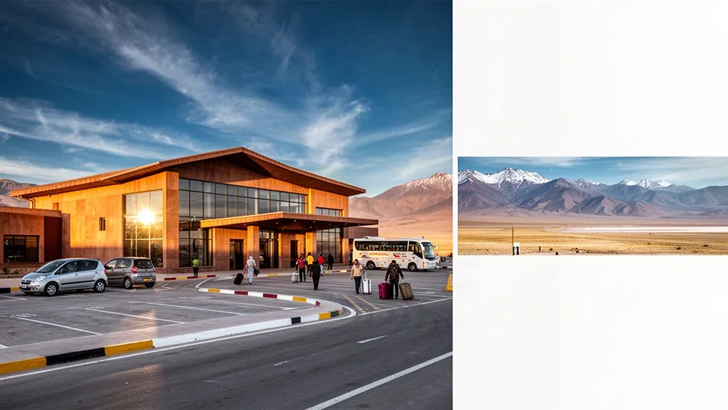Modern terminal and curbside drop-off lane at Joya Andina International Airport near Uyuni, Bolivia, beneath Andean altiplano mountains at golden hour