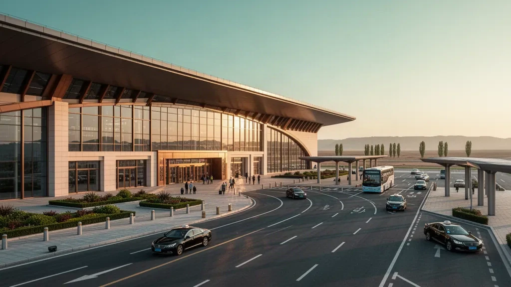 Exterior moderno de terminal de cristal en el aeropuerto de Yulin Yuyang en Shaanxi, China, con carriles de bajada junto a la acera bajo la luz de la hora dorada