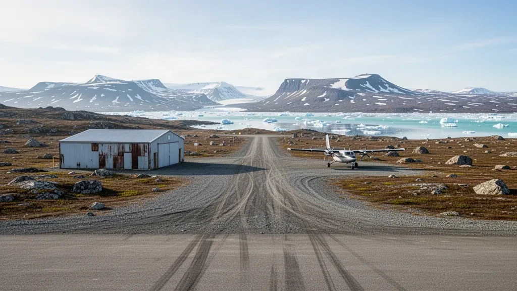 Gravel runway, tundra and small hangar at remote Hope Bay Aerodrome in Nunavut, Canada, under bright Arctic light