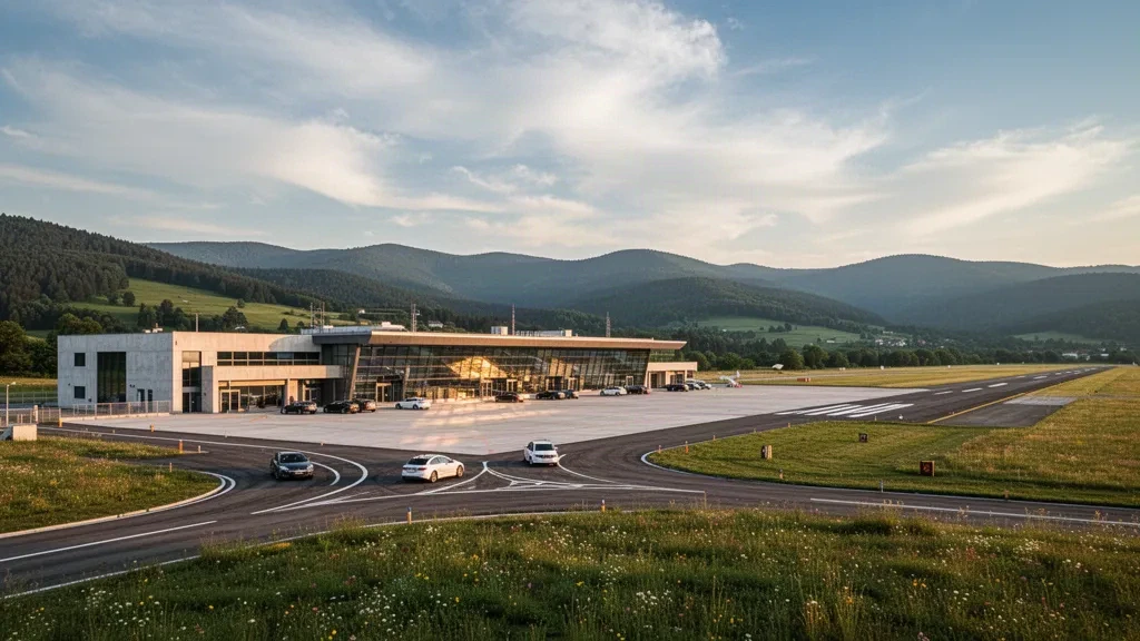 Terminal moderne et piste ouverte à l'aéroport de Ponikve près d'Užice, en Serbie, sur un plateau verdoyant en altitude dans une lumière chaude de fin de journée
