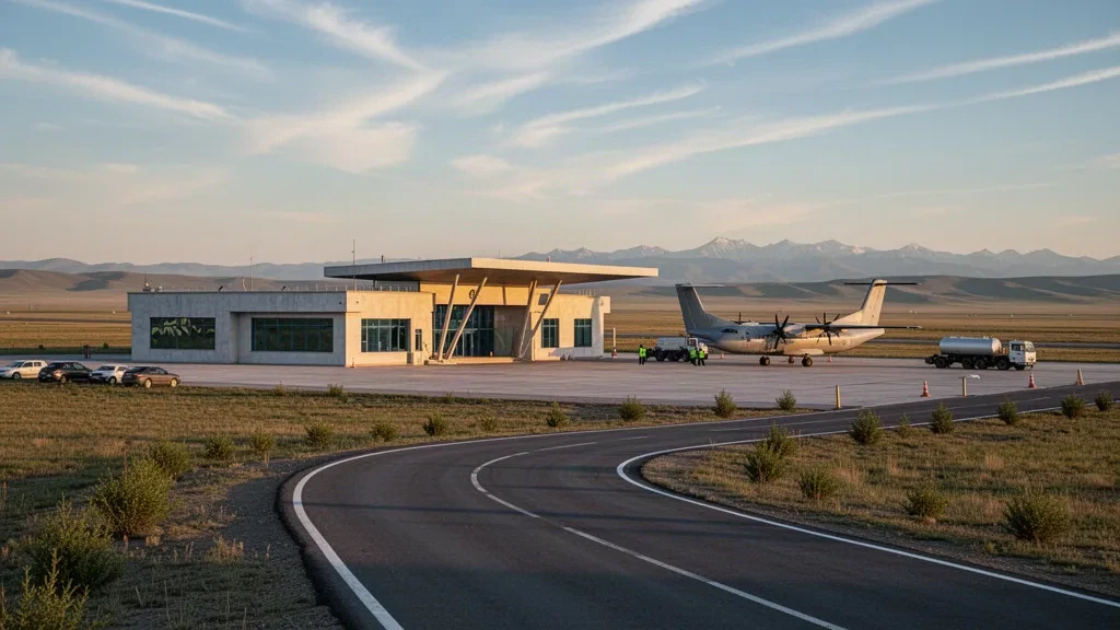 Regional airport terminal and concrete apron in Urzhar, Kazakhstan, at golden hour with steppe and distant mountains